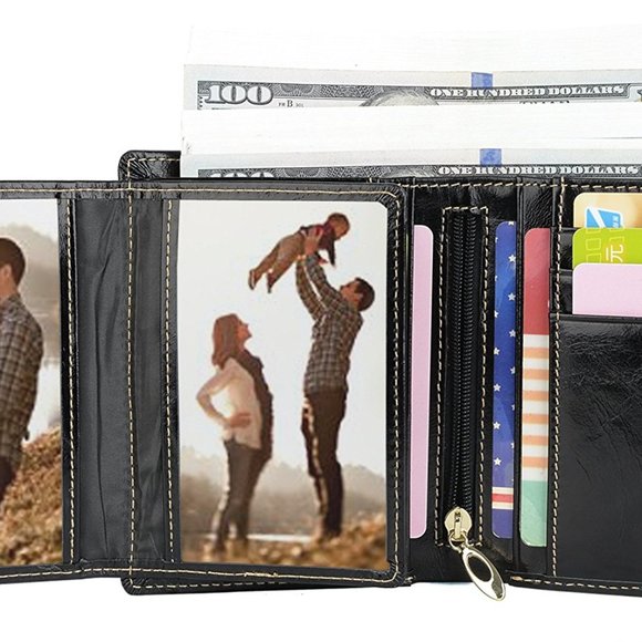 WOMENS BLACK TRI-FOLD LEATHER WALLET, ID WINDOWS, 13 CREDIT CARD SLOTS - Picture 3 of 7